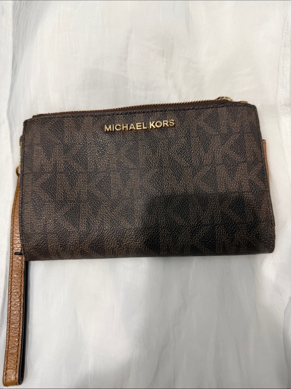 Michael Kors Brown Monogram Wristlet with Gold Logo
